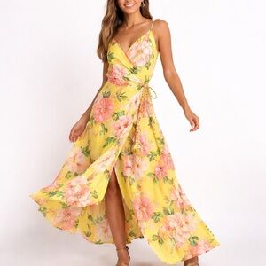 Farm Rio Yellow Tropical Floral Wrap Maxi Dress Swiss Dot Tassel Tie S